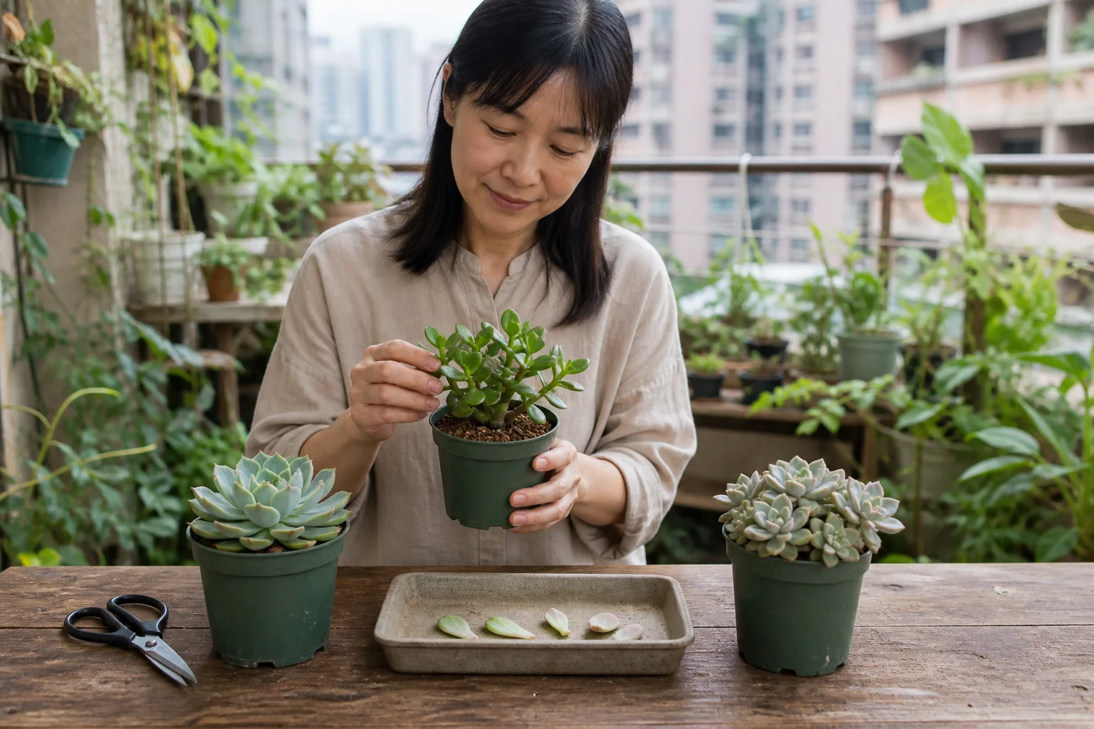 台灣公寓陽台桌面上,園藝愛好者在擬石蓮、翡翠木(燕子掌)與叢生景天科母株旁準備完整葉片、乾淨剪刀和小盆
