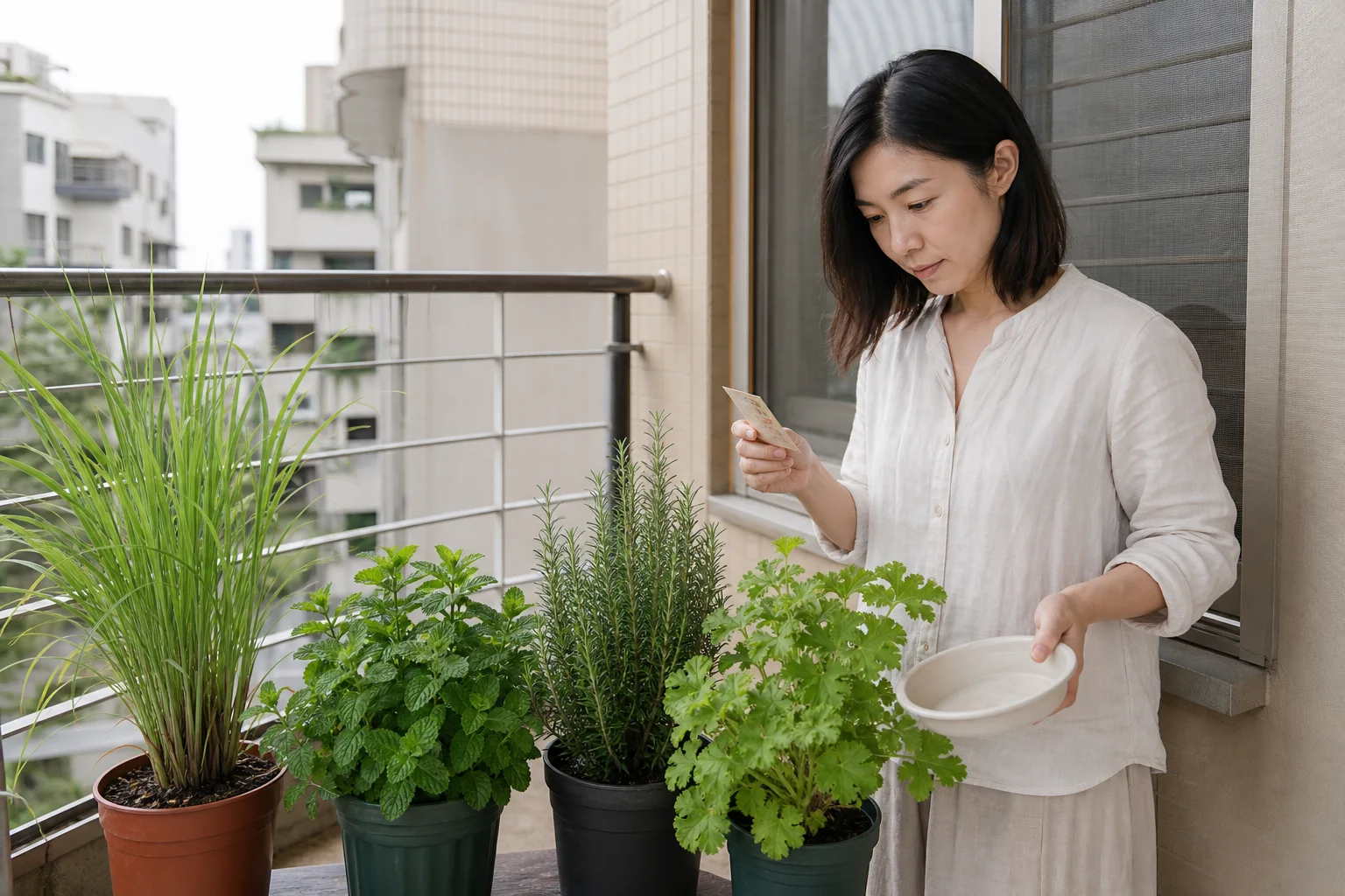 台灣公寓陽台上擺有香茅、薄荷、迷迭香與香葉天竺葵，園藝愛好者查看植物標籤與沒有積水的托盤