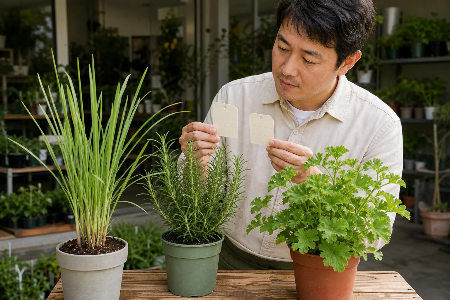 園藝愛好者在花市比對香草盆栽的植物標籤，桌上有香茅、迷迭香與香葉天竺葵