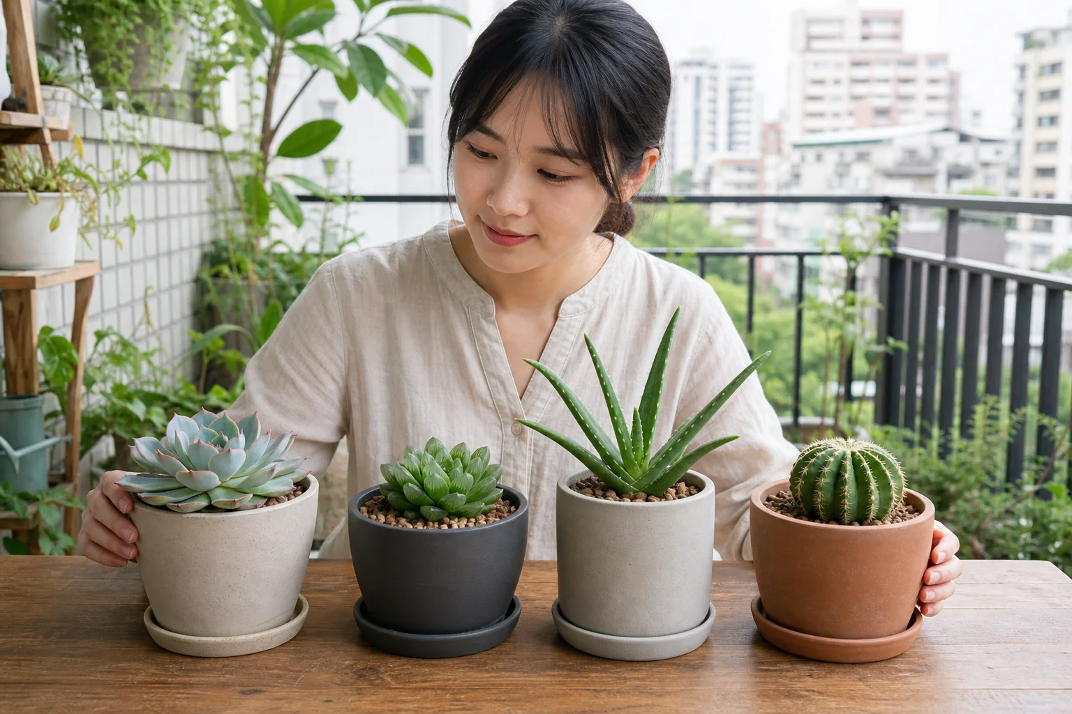 台灣公寓陽台上,園藝愛好者在桌前比較分盆種植的擬石蓮、十二卷、蘆薈與仙人掌