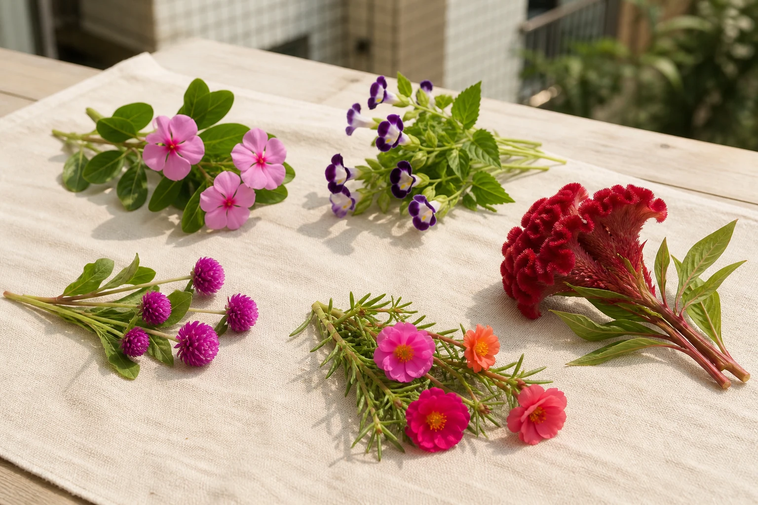 奶油色布面上分區擺放日日春、夏菫、雞冠花、千日紅與松葉牡丹花材