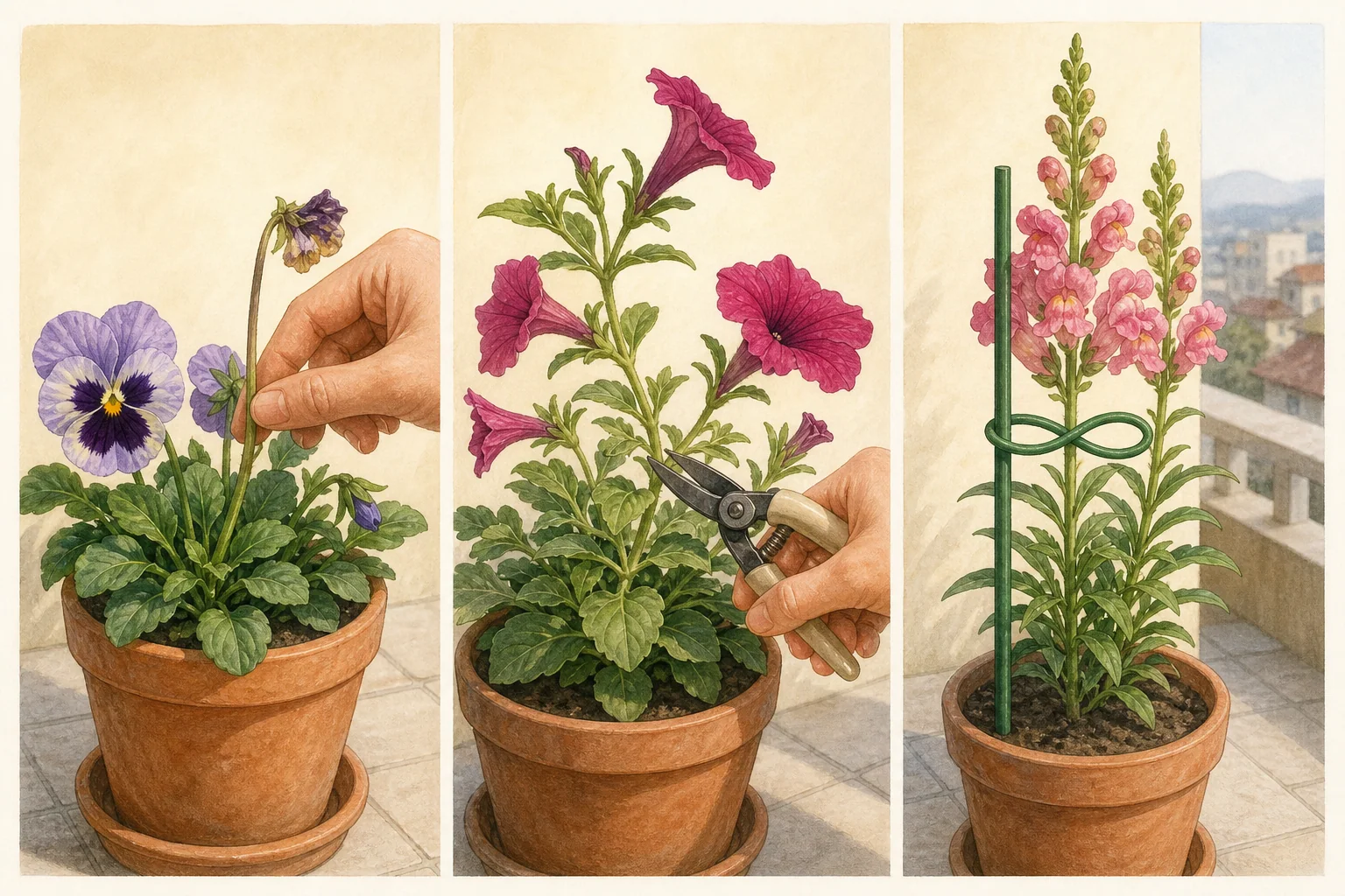 三格冬季草花整理示意：移除三色堇殘花梗、在健康節點上方修短矮牽牛枝條，以及用柔軟綁帶支撐金魚草